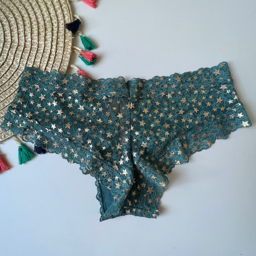 Victoria's Secret Foil-Print Lace Cheeky Panty Sage Twinkling Stars S NEW